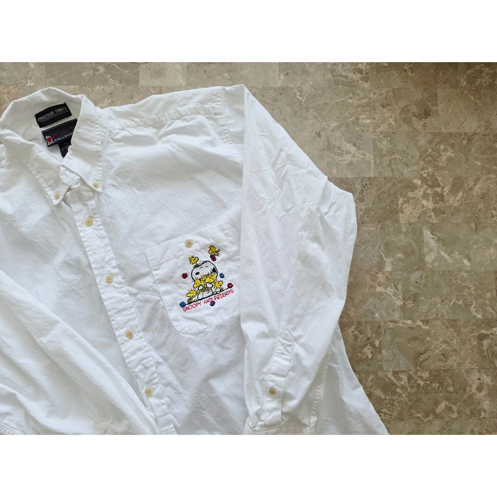 Vtg Jonathan Corey Peanuts Snoopy & Friends Embroidered White Twill Shirt Men XL